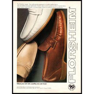 1983 Florsheim Leather Loafers Vintage Print Ad Brown White Mens Shoes Wall Art